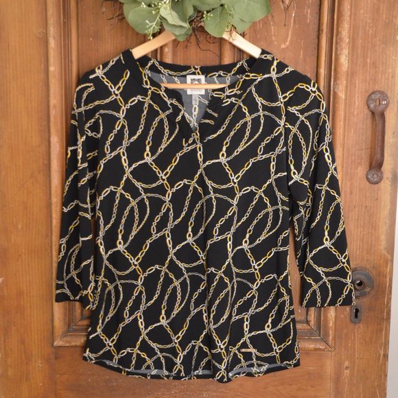 Anne Klein Black Top with Gold Chain Patterned Design Womens Size Small - Picture 2 of 11